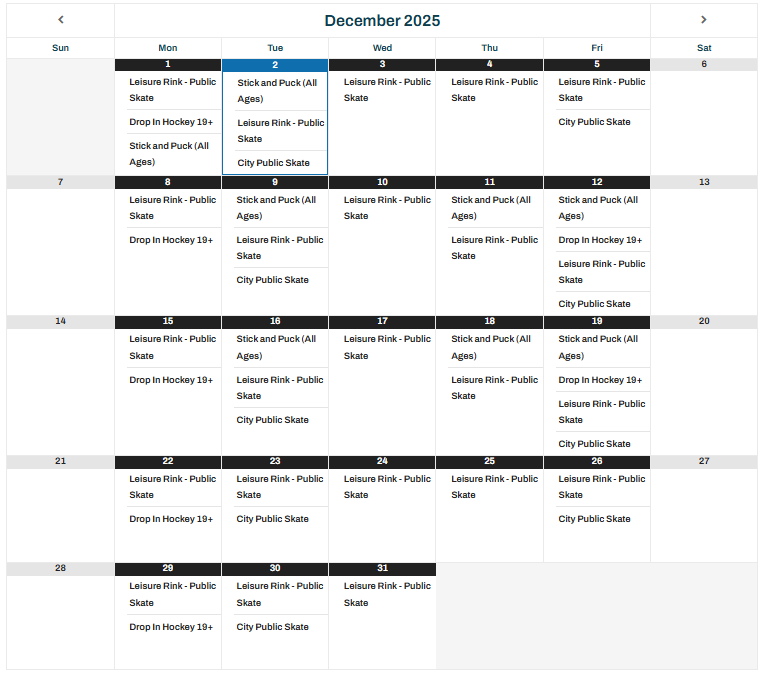 2025 December MNP Skating Schedule