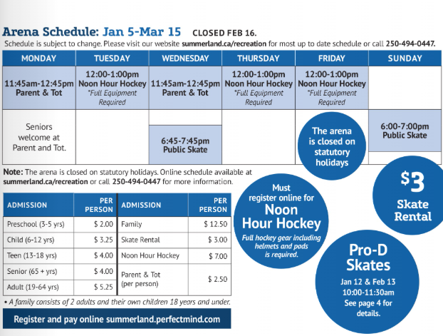 2026 Summerland Arena Schedule - Jan 5-Mar 15
