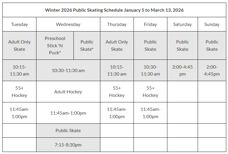 Winter 2026 Public Skating Schedule January 5 to March 13 - Penticton